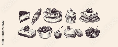 Vector sketchy illustrations set of desserts and sweet food. vector simple illustration