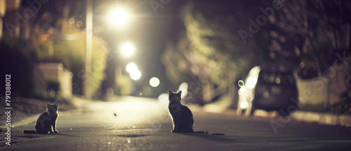 Silhouetted cats sitting on a quiet urban street at night.