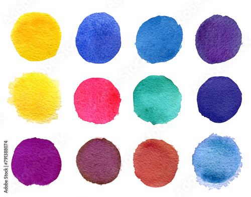 Set of yellow, orange, violet, pink and blue watercolor circles isolated on white background