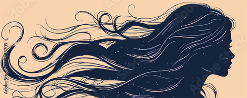 Silhouette of a beautiful girl with long hair in profile sketch hand drawn in doodle style. vector simple illustration