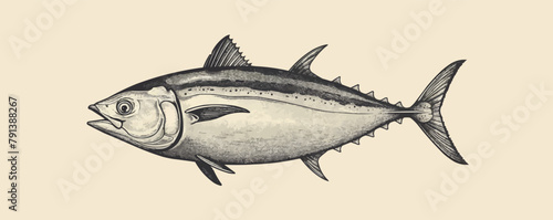Bluefin Tuna - Hand drawn illustration of a Bluefin tuna in a vintage woodcut style.