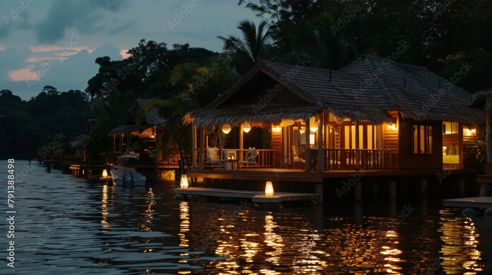 The soft glow of lanterns lighting up the bungalows at night creating a cozy and romantic atmosphere for a dreamy sleep on the water. 2d flat cartoon. The soft glow of lanterns lighting up the bungalows at night creating a cozy and romantic atmosphere for a dreamy sleep on the water. 2d flat cartoon.
