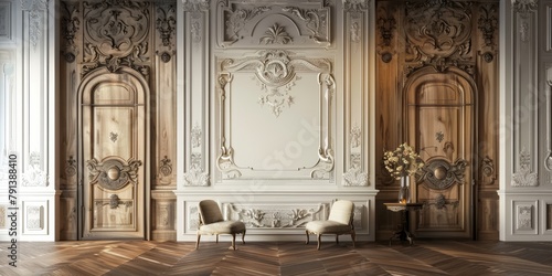 High quality interior design with decorative mural wallpaper and carved wooden panels, Generative AI
