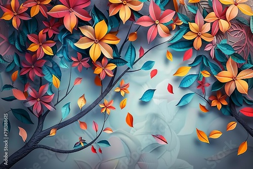 Colorful 3d flowers with leaves on a tree illustration background. 3d abstraction wallpaper for Interior mural painting wall art decor. Tree branches leaves with flowers hanging on wall, Generative AI