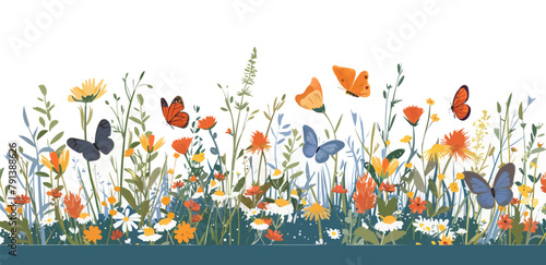 A peaceful meadow filled with vibrant wildflowers and fluttering butterflies. Vector flat minimalistic isolated illustration.