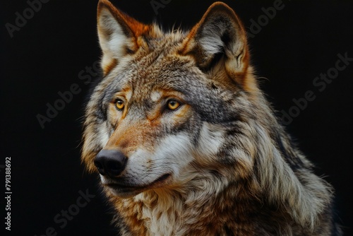 Portrait of a wolf on a black background, close-up