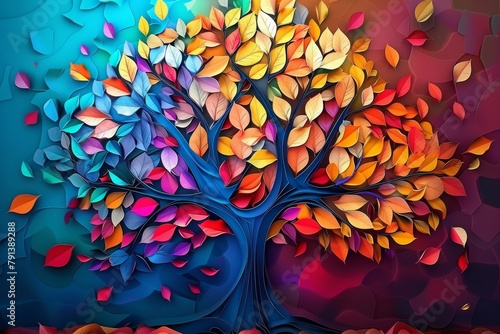 Colorful tree with multicolor leaves illustration background. 3d abstraction wallpaper for interior mural wall art decor, Generative AI