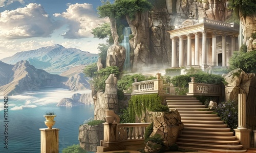 An old house with columns on the cliff of the mountain. 3d murals. 3d image. Wallpaper on the wall, Generative AI