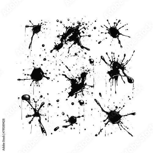 Ink splashes stencil very detailed collection. High quality manually traced. Black inked splatter dirt stain splattered spray splash with drops blots. Isolated Silhouettes dirty liquid