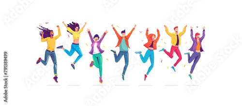 Happy joyful jumping characters set. Active energetic cheerful people celebrating success  victory. Young emotional men  women triumph. Flat graphic vector illustrations isolated on white
