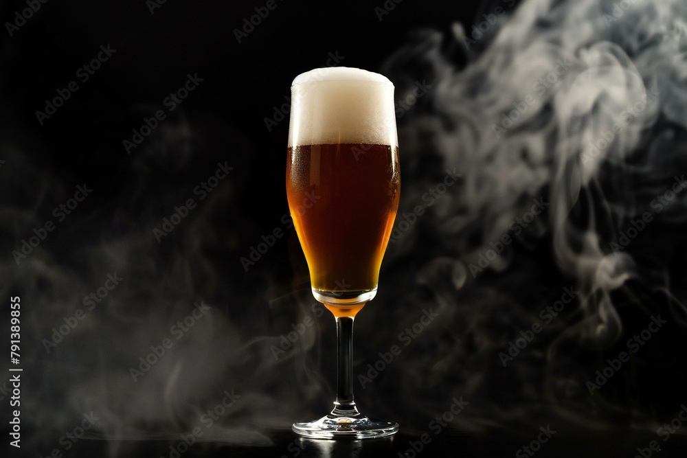 Glass of beer on a black background with smoke, close-up