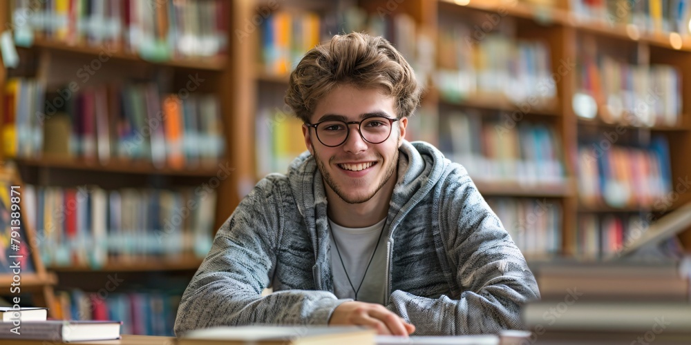 A cheerful male student studying in a library. A cheerful male student studying in a library.