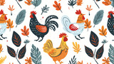 Seamless pattern with cute roosters chickens hens 