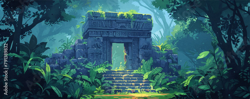 A mystical ancient ruin surrounded by dense jungle foliage, hinting at lost civilizations and hidden treasures. Vector flat