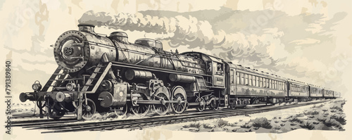 Old locomotive or train on railway. Retro transport. Hand drawn sketch vector illustration in vintage engraving style. vector simple illustration
