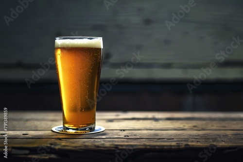 Glass of beer on a wooden table against a rustic background