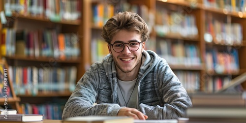 A cheerful male student studying in a library.