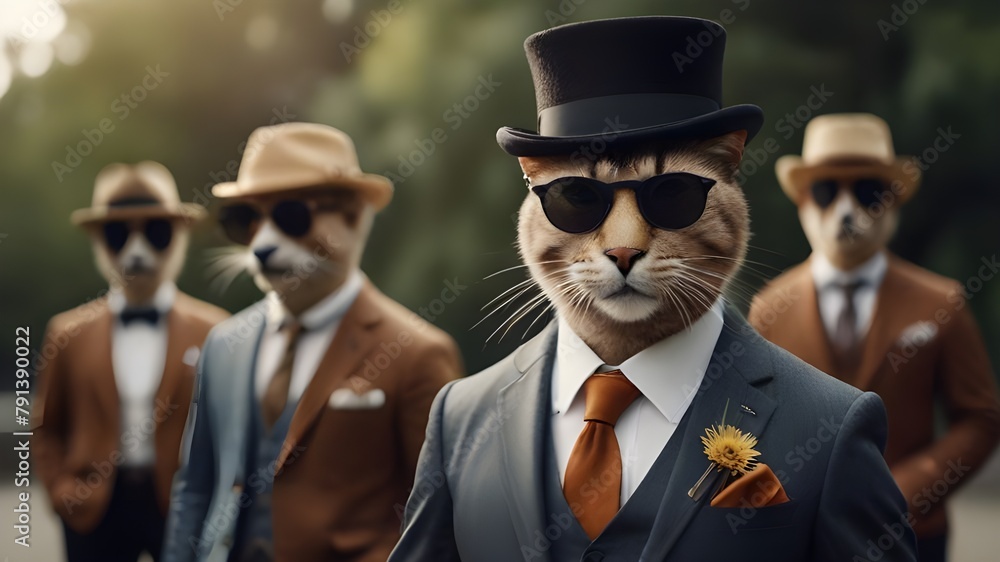 cat and other mysterious animals are appearing as gangster. cats in suit. looking like gentlemen.