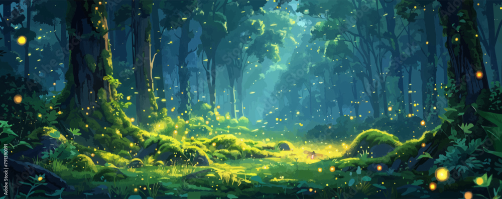 A magical forest bathed in the soft glow of fireflies, with towering trees and a carpet of moss underfoot. Vector flat minimalistic isolated illustration