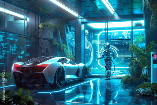 illustrating innovative technologies and the future, such as artificial intelligence in education and medicine, smart home gadgets, electric cars and autonomous vehicles. 