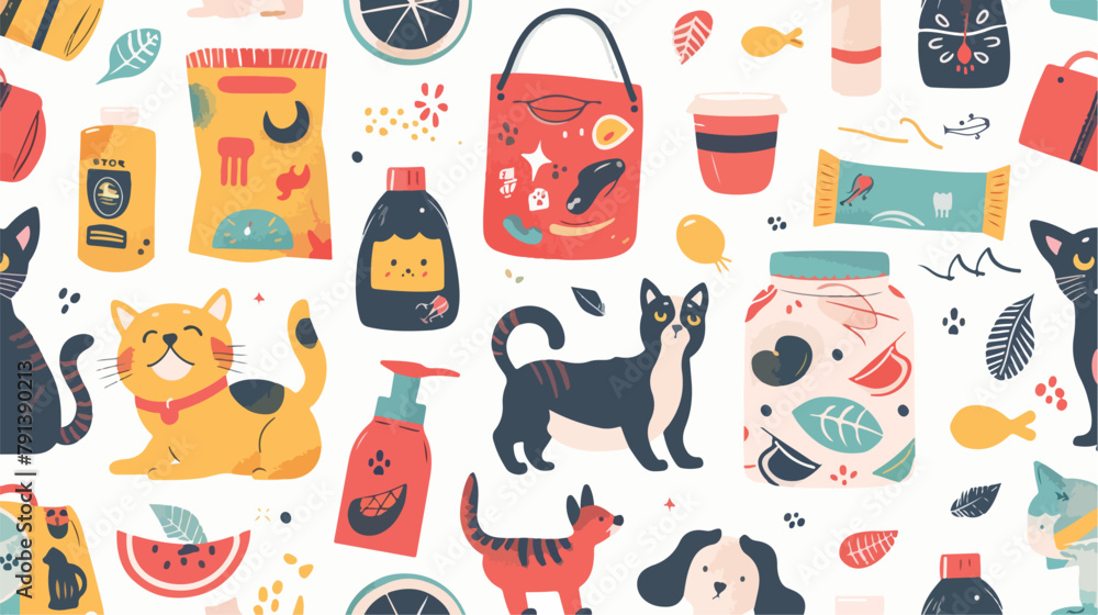 Seamless pattern with pet store products for cats and