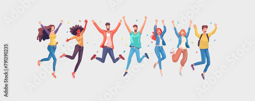 Happy joyful jumping characters set. Active energetic cheerful people celebrating success, victory. Young emotional men, women triumph. Flat graphic vector illustrations isolated on white