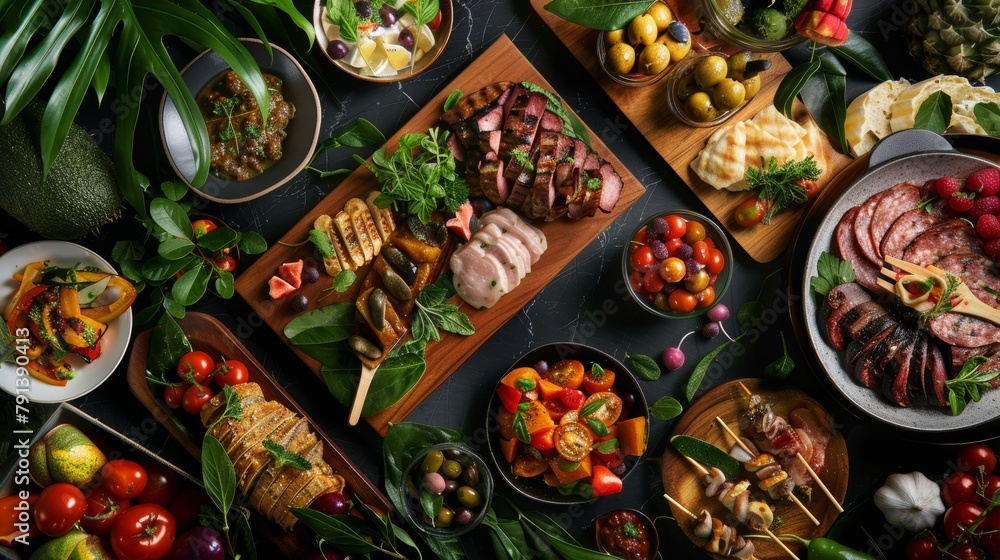 Modern tropical Italian food buffet, highlighting cleanliness and a refined arrangement of antipasti and classic Italian dishes