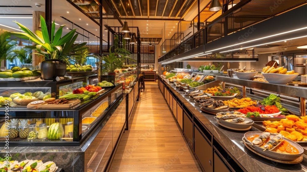 Luxurious Spanish buffet in a tropical self-service restaurant, clean lines and polished surfaces, with a diverse array of traditional foods