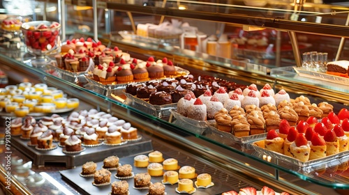 Luxurious tropical bakery buffet, filled with a wide array of desserts and cakes, presented on a mirror-like polished counter for self-service photo