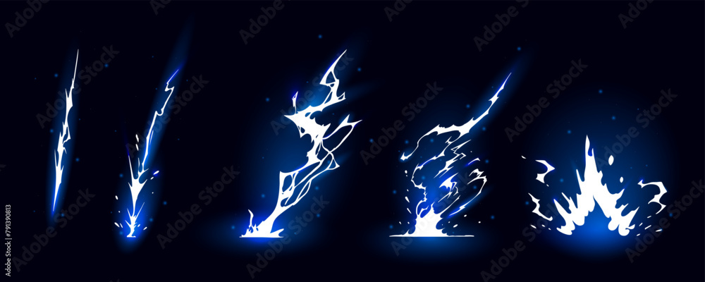 Lightning strike bolt silhouettes sequence vector illustration. Black thunderbolts and zippers are natural phenomena isolated on a dark background. Thunderstorm electric effect of light shining flash.
