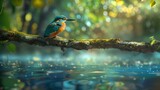 Intimate scene of a kingfisher on a branch overhanging clear waters, eyes locked on movement below, vibrant colors