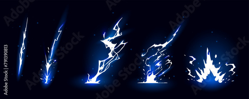 Lightning strike bolt silhouettes sequence vector illustration. Black thunderbolts and zippers are natural phenomena isolated on a dark background. Thunderstorm electric effect of light shining flash.