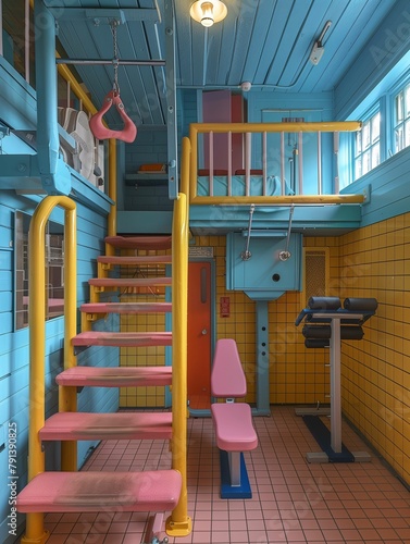 Colorful Gym Locker Room Interior with Staircase and Equipment photo