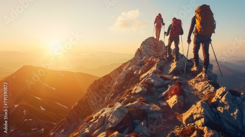 A group of people hiking up a mountain with backpacks. Generative AI.