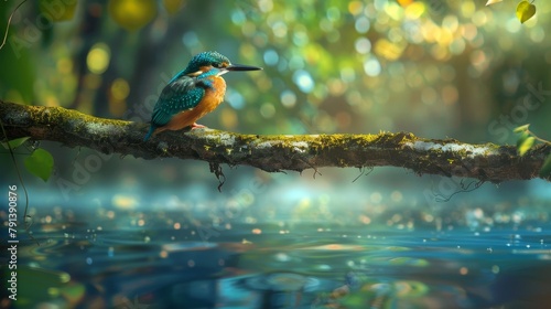 Intimate scene of a kingfisher on a branch overhanging clear waters, eyes locked on movement below, vibrant colors photo