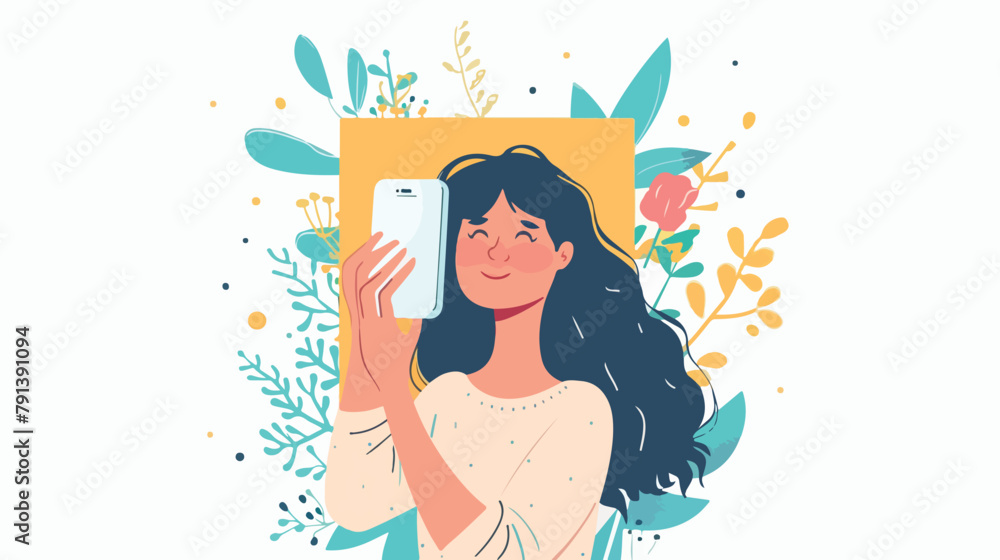 Selfie poster with woman holding smartphone with self