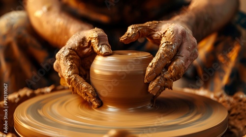 Hands of a potter at work, centering a clay ball on a pottery wheel, intimate focus on hand movements and clay texture photo