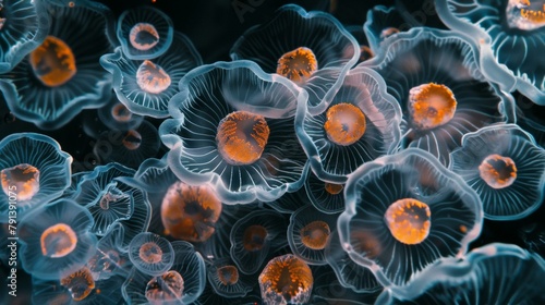 A close up of jellyfish in a tank with orange and blue lights. Generative AI.