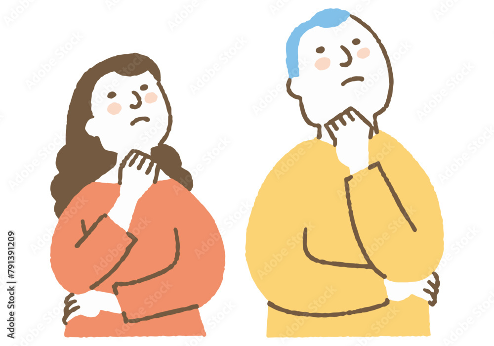 Two expressionless men and women looking up_Color Two expressionless men and women looking up_Color