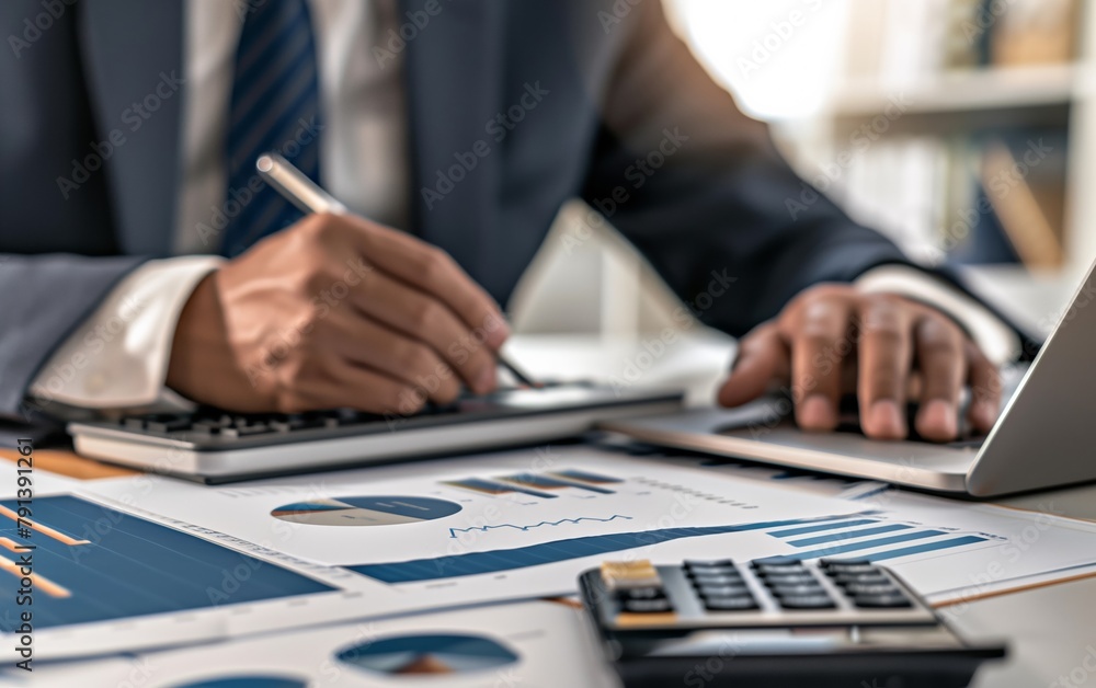 Financial professional in suit at work desk, engaged with calculator and notepad, laptop present, office setting - Budget Management, Expense Tracking, Corporate Office - Consulting, Financial Plannin Financial professional in suit at work desk, engaged with calculator and notepad, laptop present, office setting - Budget Management, Expense Tracking, Corporate Office - Consulting, Financial Plannin