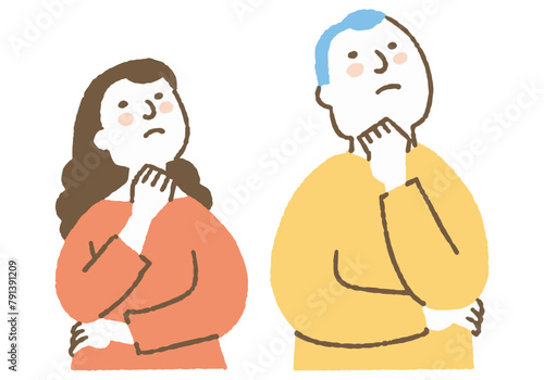 Two expressionless men and women looking up_Color