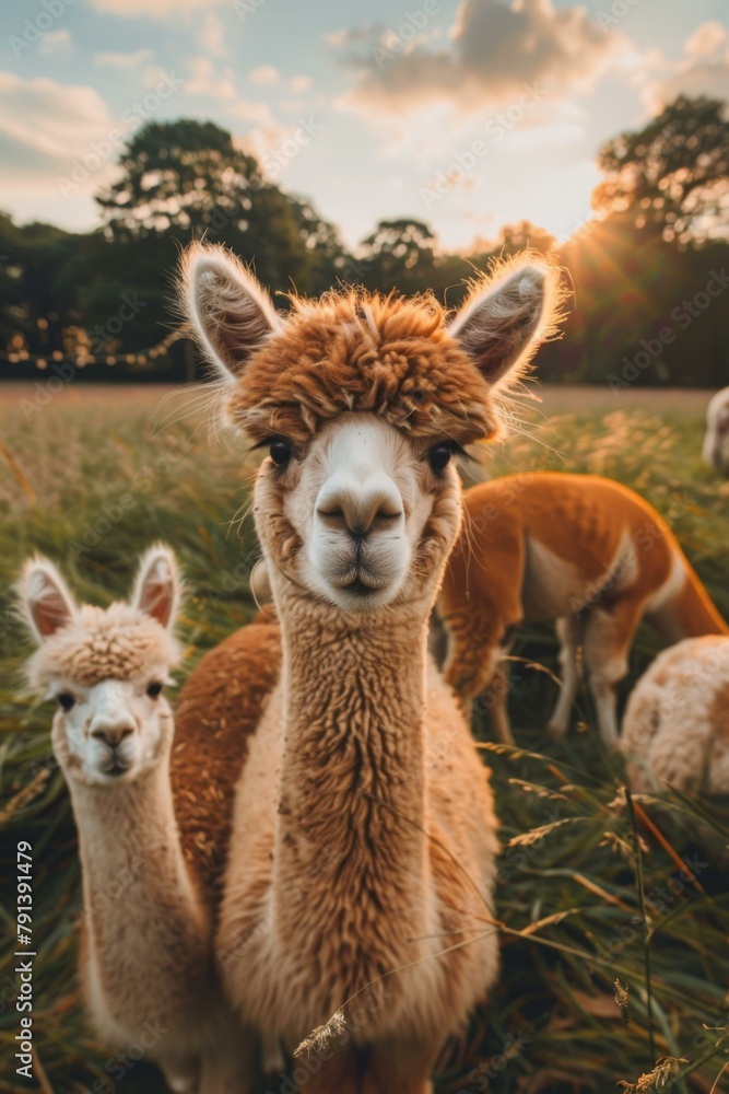 A group of llamas standing in a field with trees behind them. Generative AI.