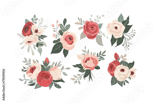 Delicate Roses and Foliage Watercolor Set. Vector illustration design.
