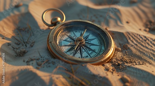 Elegant, ornate compass on a bed of soft beach sand, capturing the essence of exploration, early morning light enhancing the mood