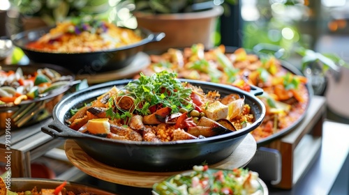 Elegant and clean Spanish food buffet, tropical decor, showcasing an array of tapas and paellas with a polished presentation