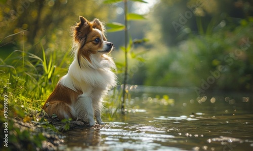 A small dog sitting in the water near a river. Generative AI.