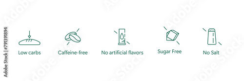 Health-Conscious Choice Icon: Low-Carb, Caffeine-Free, Flavor-Free, Sugar-Free, Salt-Free Vector Design photo