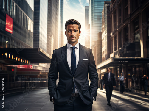 A businessman in a suit at urban background (AI Created) photo