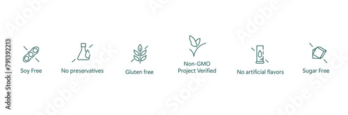 Clean Eating Icon: Soy-Free, Preservative-Free, Gluten-Free, GMO-Free, No Artificial Flavors, Sugar-Free Vector Design