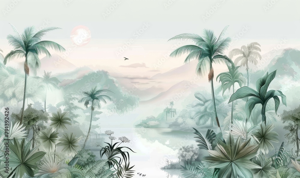 Tropical Exotic Landscape Wallpaper. Hand Drawn Design. Luxury Wall Mural, Generative AI